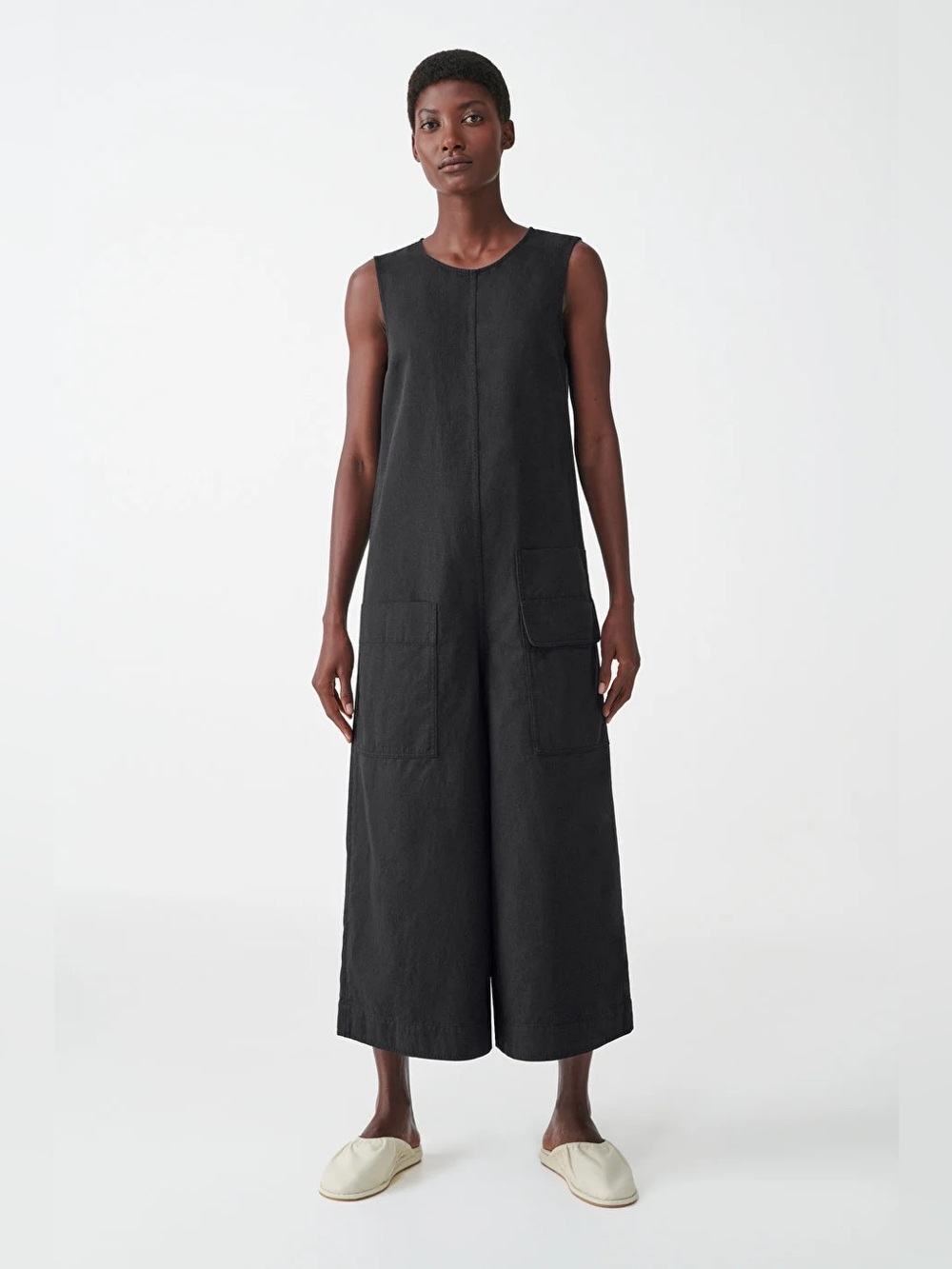 COS Black Sleeveless Wide-Leg Cotton linen Jumpsuit Pockets 6 quiet luxury